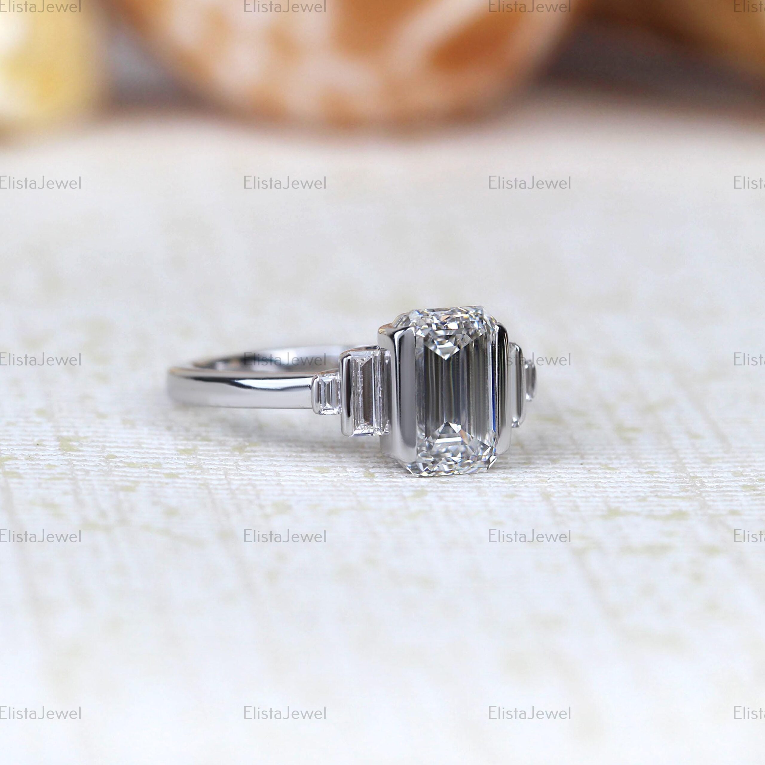 2.50CT Emerald Cut Lab Grown Diamond Bar Set Five Stone Engagement Ring, CVD Diamond 14K Solid Gold Wedding Ring For Woman. - Image 8