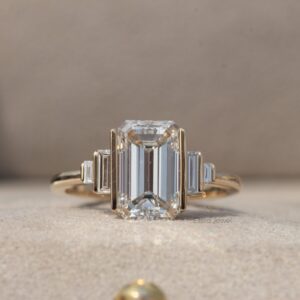 2.50CT Emerald Cut Lab Grown Diamond Bar Set Five Stone Engagement Ring, CVD Diamond 14K Solid Gold Wedding Ring For Woman.