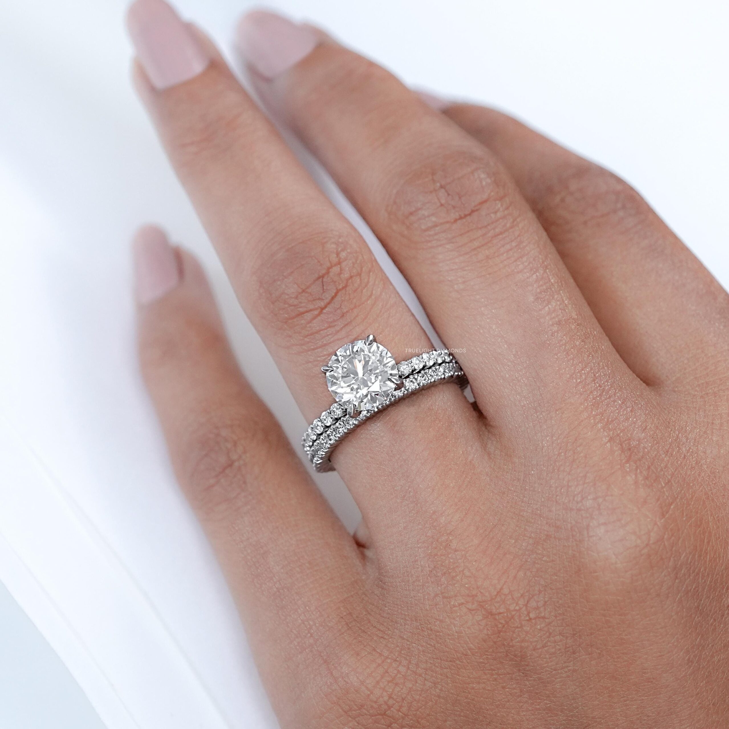 Round Cut Lab Diamond Accent Ring With Band / EF-VS Clarity Eco Friendly Diamond Bridal Ring Set / Hand Made Diamond Engagement Ring For Her