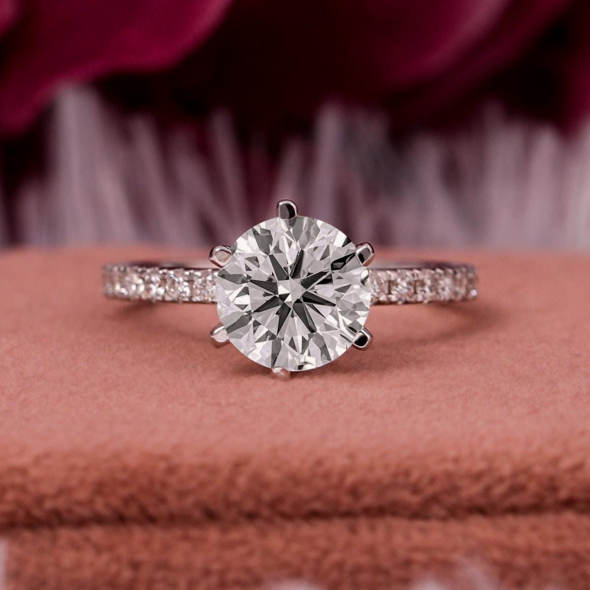 Lab Grown Diamond Engagement Ring: 1-3 CT Round Cut, Pave Setting