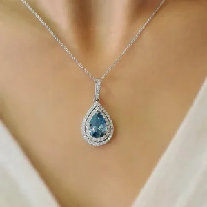 14k White Gold Halo Diamond Pendant, Pear Diamond Necklace, 3 Carats Pear Cut Fancy Vivid Blue VS1 CVD Lab Grown Diamond, CVD Diamond