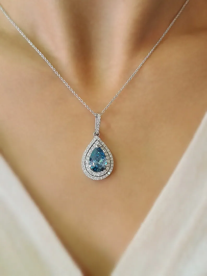 14k White Gold Halo Diamond Pendant, Pear Diamond Necklace, 3 Carats Pear Cut Fancy Vivid Blue VS1 CVD Lab Grown Diamond, CVD Diamond