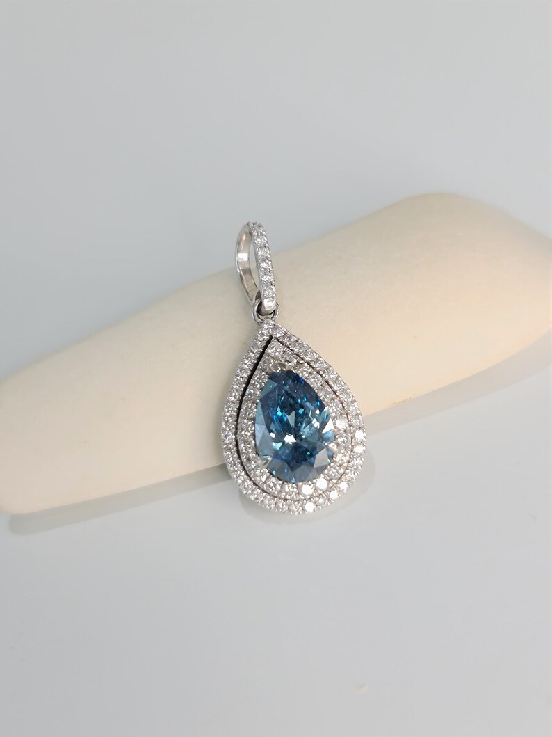 14k White Gold Halo Diamond Pendant, Pear Diamond Necklace, 3 Carats Pear Cut Fancy Vivid Blue VS1 CVD Lab Grown Diamond, CVD Diamond - Image 2